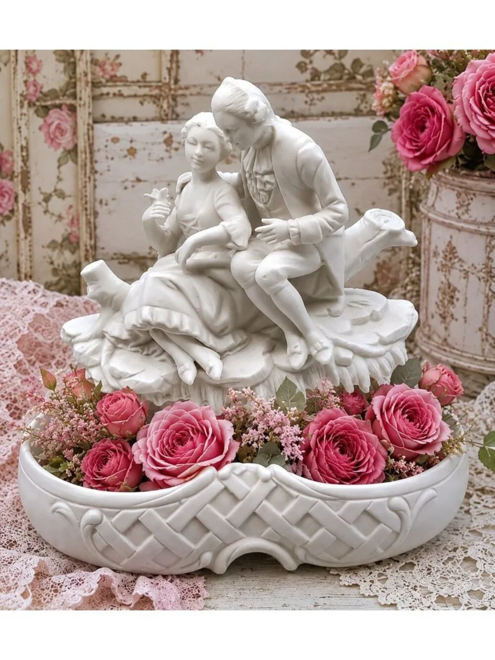 Antique French Parian Ware Romantic Couple Sculpture Centerpiece Vase Bowl Shabb
